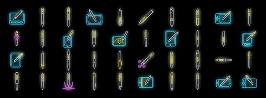 Stylus icons set, digital pen using on tablet, graphic designer tools, neon signs vector