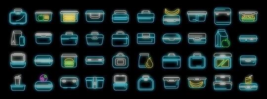 Lunchboxes icons set. Outline set of lunchboxes icons neon color on black vector