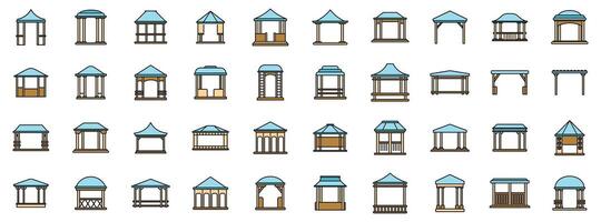 Gazebo icons set featuring various styles of outdoor structures for relaxation and shelter vector