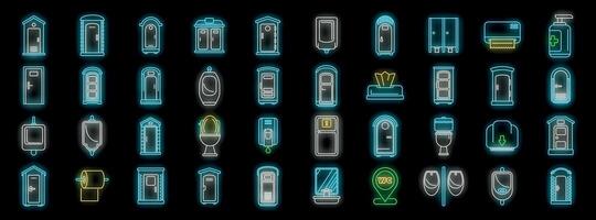 Set of glowing neon bio toilet icons showing different types of portable restrooms and related accessories vector