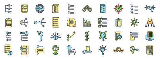 Keyword research optimization strategy icons showing search engine optimization and digital marketing campaign for online traffic vector
