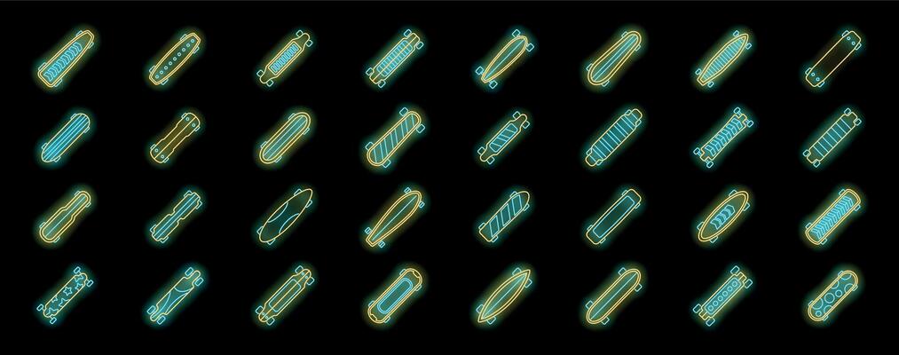 Longboard icons set, neon style, skateboarding, extreme sport, urban culture, different shapes and sizes, glowing lines, illustration
