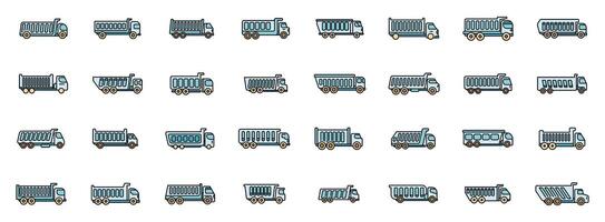 Dump trucks icons set showing different types of dumpers for construction and industrial use vector