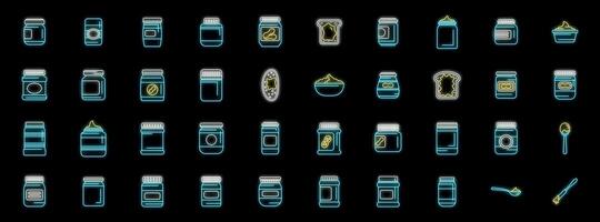 Peanut butter jars, toast and spoons glowing neon icons set vector