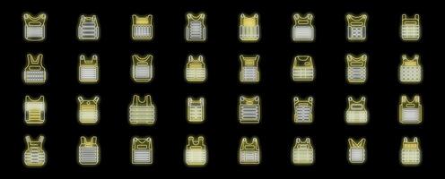 Glowing neon bulletproof vest icons showing different protection levels on black background vector