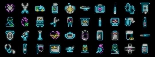 Neon icons representing various medical procedures and instruments glowing brightly vector