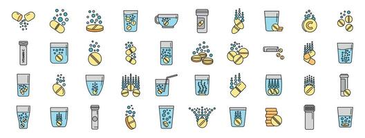 Effervescent tablets dissolving in water, vitamins and supplements icons set vector