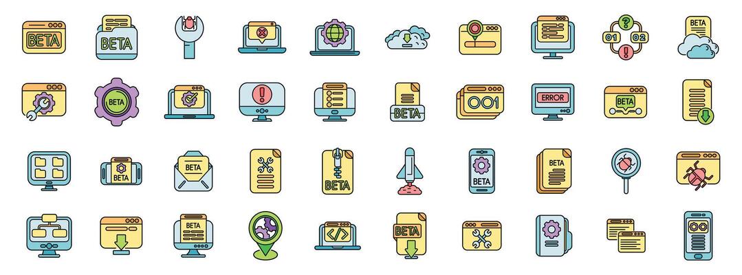 Collection of colorful beta testing icons for software development
