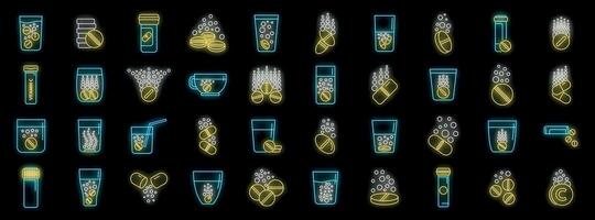 Dissolving effervescent tablets and pills in water, neon icons set vector