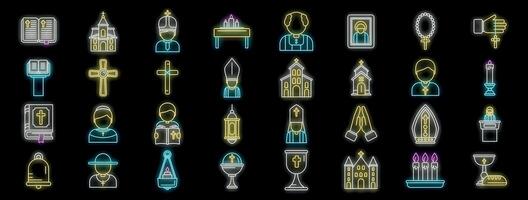 Neon icons representing various aspects of christianity and church practices vector