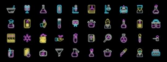 Chemistry lab equipment and scientist neon icons set featuring beakers, test tubes, and molecular structures vector