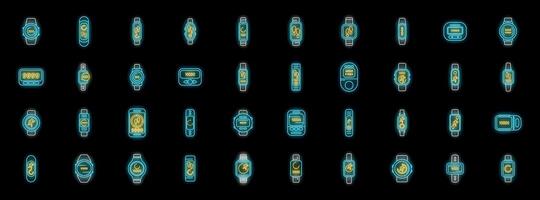 Neon smart watches icons showing time, steps, heart rate, and notifications on black background vector