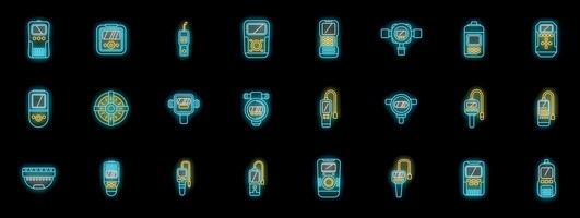 Glowing neon gas detector icons showing various types of gas detection and analysis equipment vector