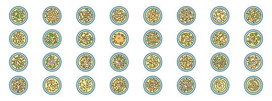 Various cereal bowls with milk and toppings creating a colorful and nutritious breakfast spread vector