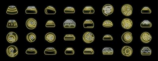 Cinnamon roll icons set, baking pastry with icing and raisins, bakery products in neon style vector