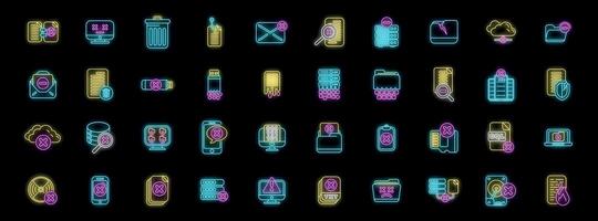 Deleted files and data loss prevention neon icon set, protecting digital information in style vector