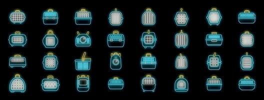 Pet carrier neon icon set showing kennels, crates, and baskets for transporting animals vector