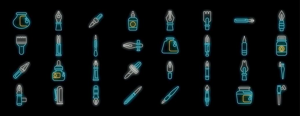 Calligraphy pens and ink neon icon set on black background