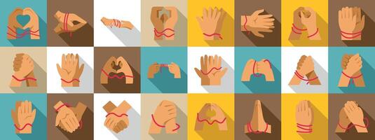 Hands tied red thread icons set. Tied hands showing different meanings of connection and relationship vector