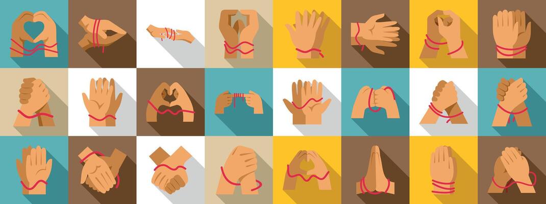 Hands tied red thread icons set. Tied hands showing different meanings of connection and relationship