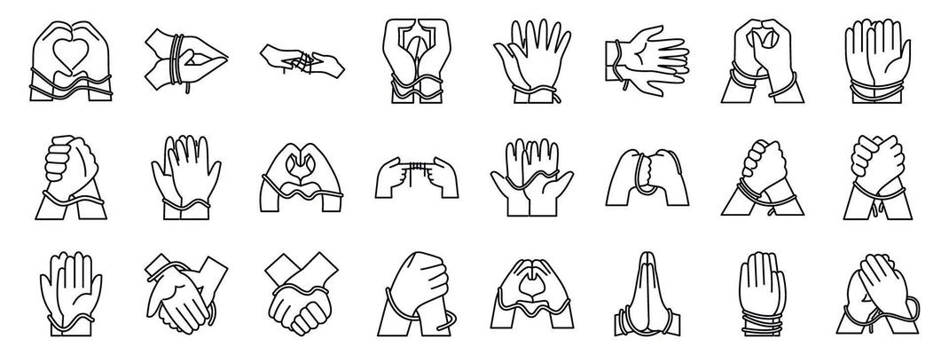 Hands tied red thread icons set. Tied hands showing different concepts such as agreement, cooperation, and imprisonment