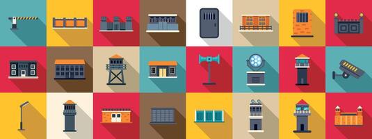 Prison building icons set. Prison building exterior and security infrastructure icons showing detention facilities vector