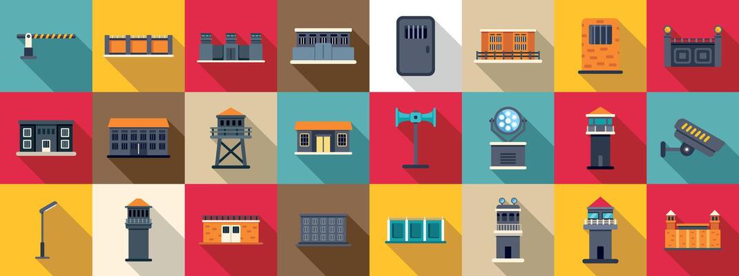 Prison building icons set. Prison building exterior and security infrastructure icons showing detention facilities
