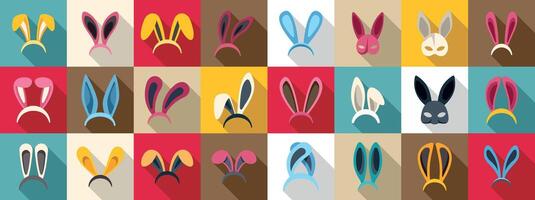 Easter bunny ears mask icons set. Colorful set of bunny ears headbands and masks for easter and parties vector