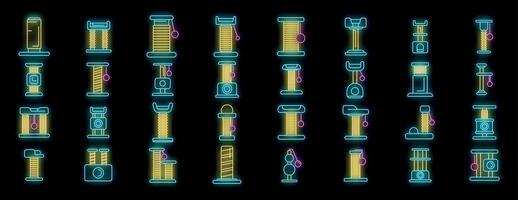 Neon cat trees and scratching posts glowing on black background vector