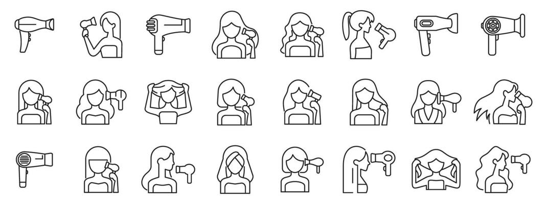 Girl dries hair icons set. Women drying and styling hair with hairdryers, collection of line icons