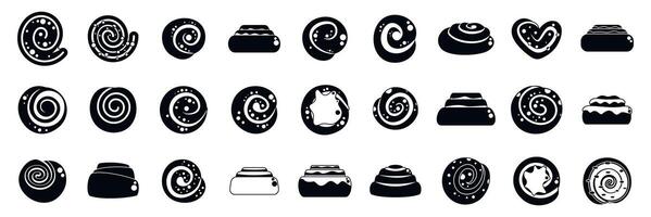 Cinnamon bun icons set. Cinnamon roll icons showing various shapes and toppings, creating a delicious visual vector