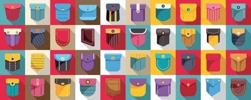 Patch pocket icons set. Pocket style representing variety of clothes and accessories with rivets and seams vector