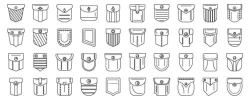 Patch pocket icons set. Collection of pocket style icons showing variety of shapes and stitching for clothing design vector