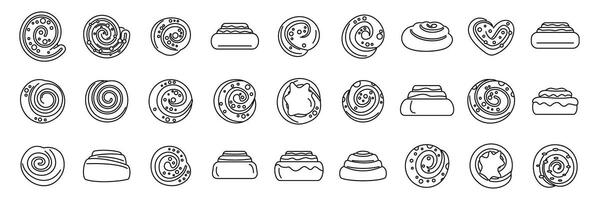 Cinnamon bun icons set. Cinnamon roll icons showing swirls of sweet dough and icing vector