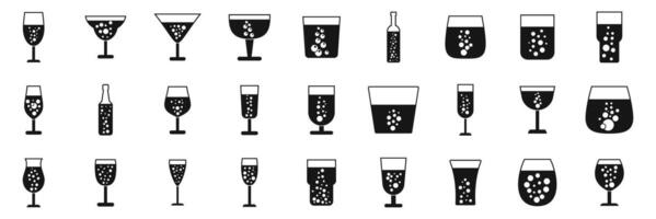 Bubble fizz icons set. Sparkling drinks in various glassware, refreshing beverages with bubbles vector