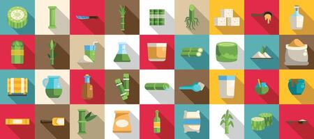 Sugarcane icons set. Sugarcane processing and production showing plant, rum and cubes vector