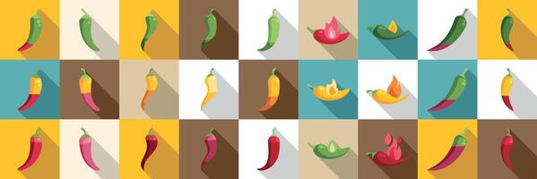 Spicy level icons set. Chili pepper showing different levels of spiciness and colors in a grid pattern vector