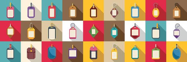 Luggage tag icons set. Colorful price tags with strings showing various shapes and sizes vector