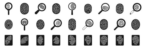 Evidence fingerprint icons set. Fingerprint scanning with magnifying glass, analyzing fingerprints for identification and verification vector