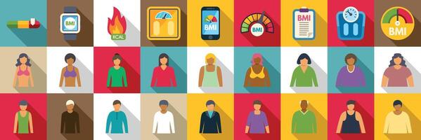 BMI icons set. People measuring body mass index with smart watch, scale and chart vector