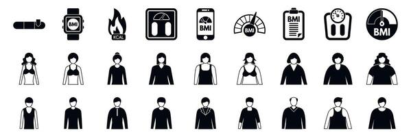 BMI icons set. People measuring body mass index with smart watch, scale and smartphone app vector
