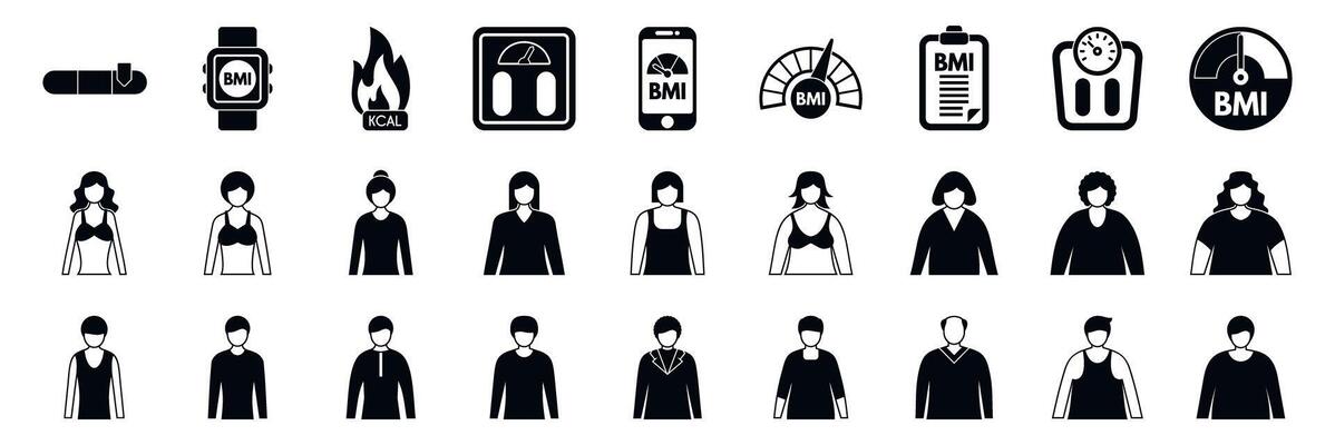 BMI icons set. People measuring body mass index with smart watch, scale and smartphone app