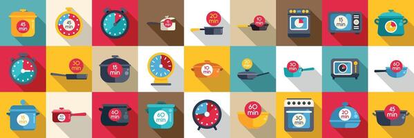 Cook time icons set. Cooking time icons showing kitchen timers and different cooking methods with minutes displayed vector