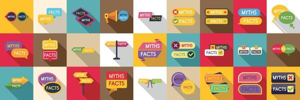 Myths facts icons set. Comparing myths and facts in colorful graphics vector