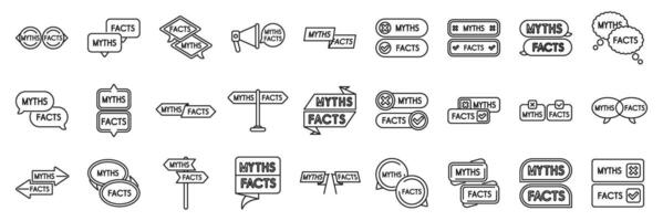 Myths facts icons set. Myths versus facts, true versus false information, debunking and verifying news icons vector