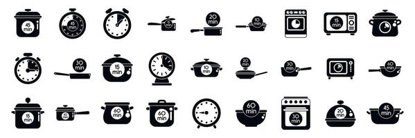 Cook time icons set. Cooking time icons showing food preparation duration with pots, pans, and timers vector
