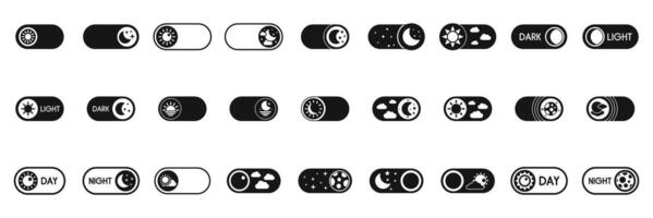 Night day mode icons set. Day and night mode toggle switch icons showing sun and moon changing setting vector
