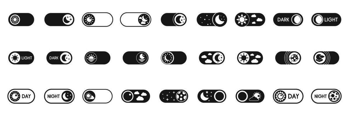 Night day mode icons set. Day and night mode toggle switch icons showing sun and moon changing setting