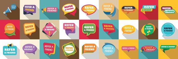 Refer friend icons set. Refer a friend announcement with megaphone and speech bubbles vector