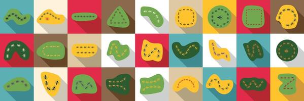 Ant trail icons set. Ants marching in various formations creating trails on colorful backgrounds vector